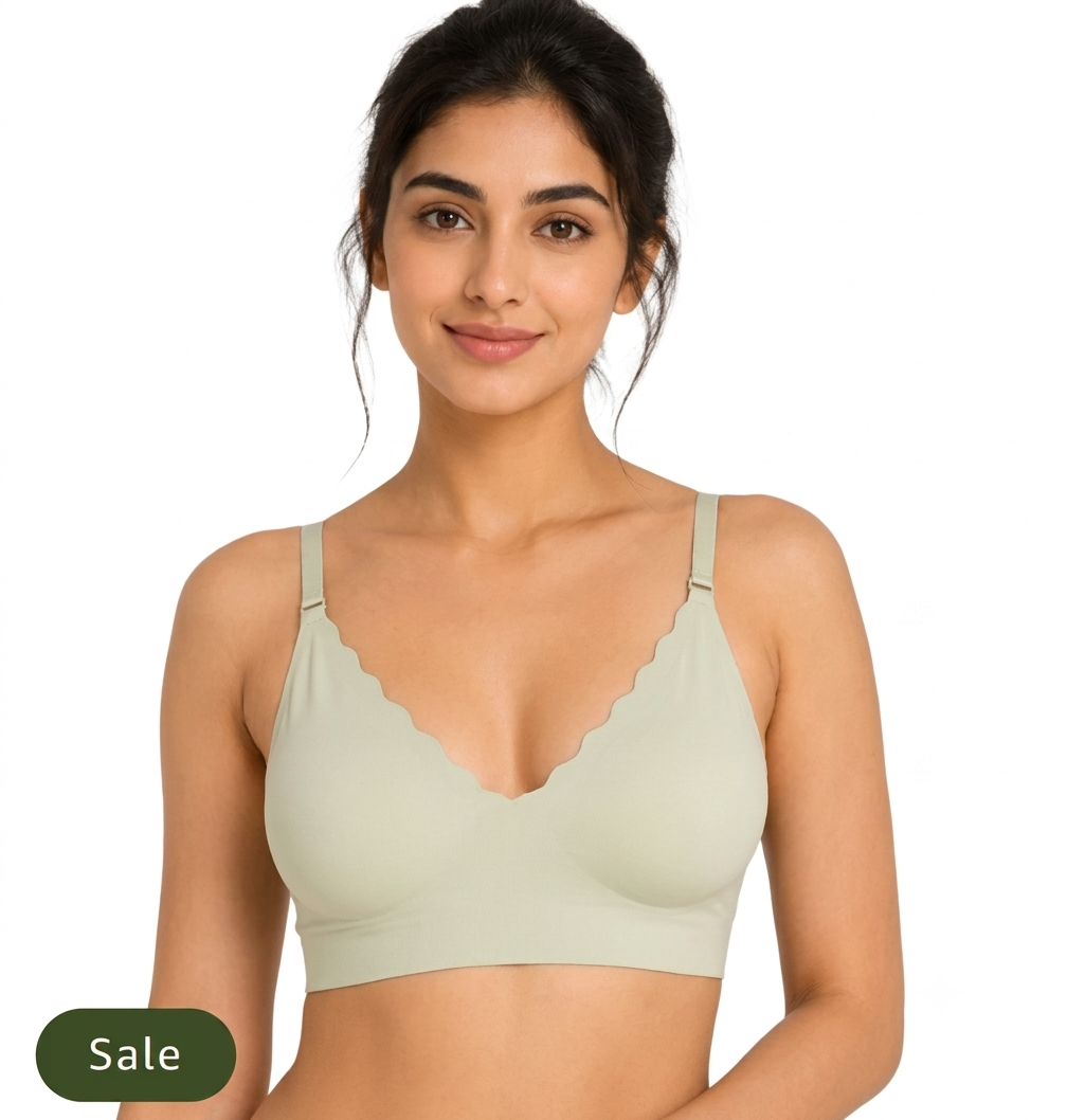 Deevaz Seamless Scalloped V-Neck Bralette – Ultra-Comfortable Wire-Free Everyday Bra in Sage Green
