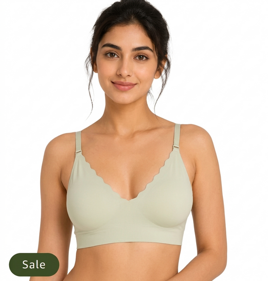 Deevaz Seamless Scalloped V-Neck Bralette – Ultra-Comfortable Wire-Free Everyday Bra in Sage Green