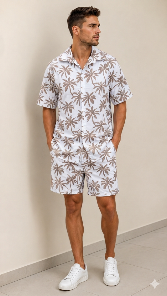 Deevaz Men's White & Light Brown Palm Tree Resort Shirt & Shorts Co-ord Set.