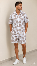 Load image into Gallery viewer, Deevaz Men's White &amp; Light Brown Palm Tree Resort Shirt &amp; Shorts Co-ord Set.
