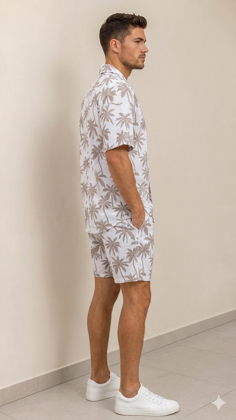 Deevaz Men's White & Light Brown Palm Tree Resort Shirt & Shorts Co-ord Set.