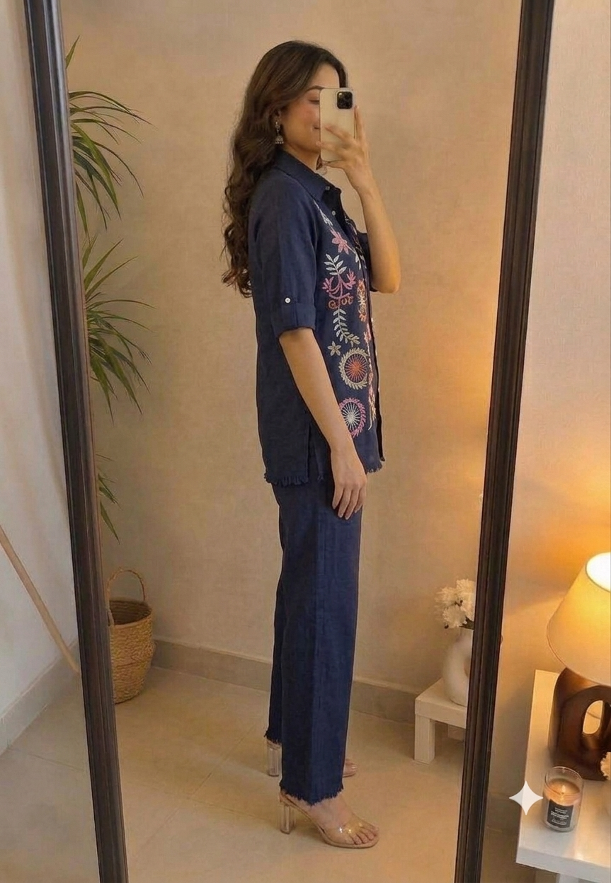 Deevaz Navy Blue Embroidered Linen Co-ord Set