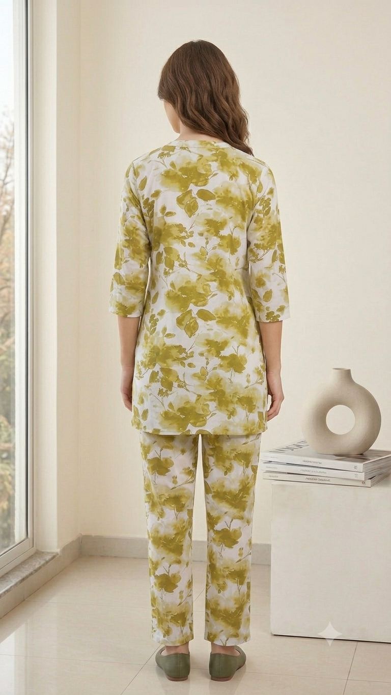 Deevaz Elegant Olive Green Floral Lounge & Co-ord Set