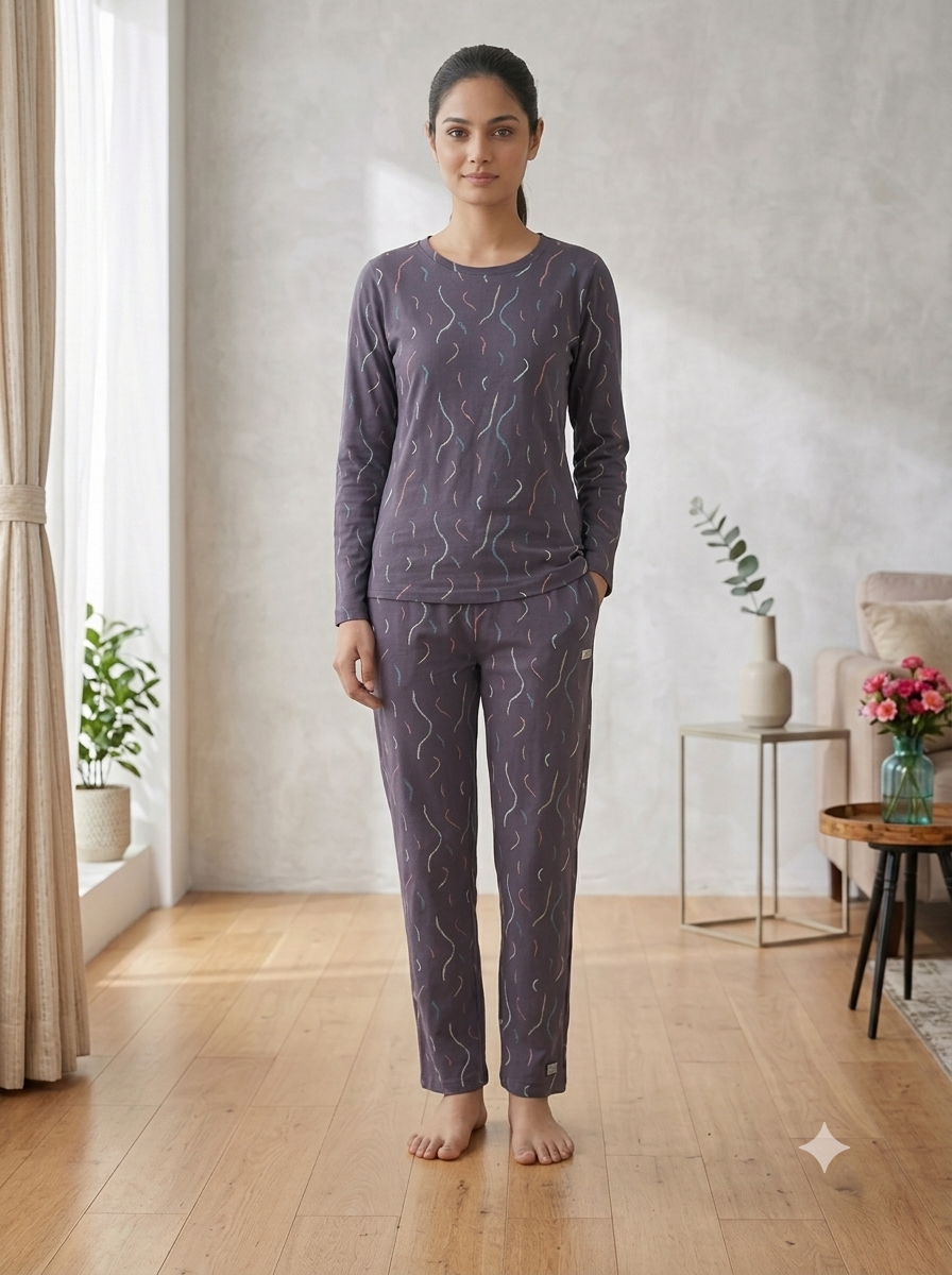 Deevaz Women's Charcoal Grey All-Over Printed Long Sleeve Pyjama Set