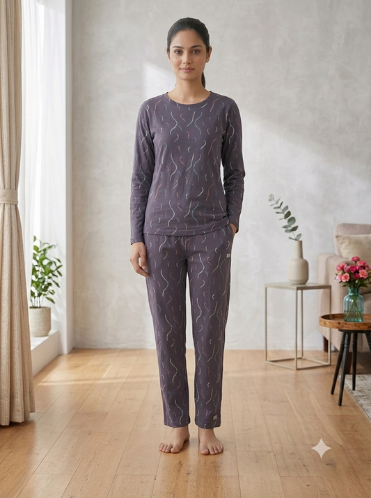 Deevaz Women's Charcoal Grey All-Over Printed Long Sleeve Pyjama Set