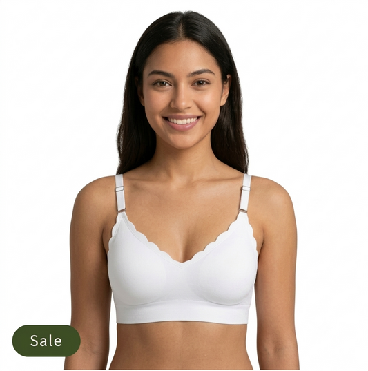 Deevaz Classic White Seamless Scalloped Bralette – Wireless Everyday T-Shirt Bra with Hook-and-Eye Back Closure