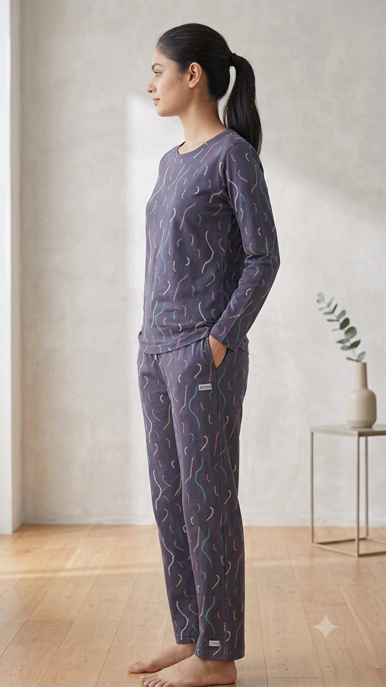 Deevaz Women's Charcoal Grey All-Over Printed Long Sleeve Pyjama Set