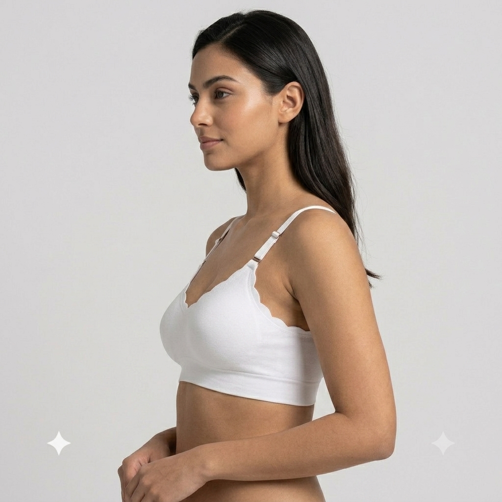 Deevaz Classic White Seamless Scalloped Bralette – Wireless Everyday T-Shirt Bra with Hook-and-Eye Back Closure