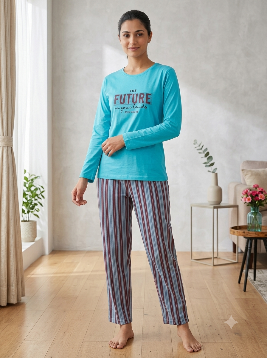 Deevaz Women's Turquoise Blue Printed Long Sleeve T-Shirt & Striped Pyjama Set