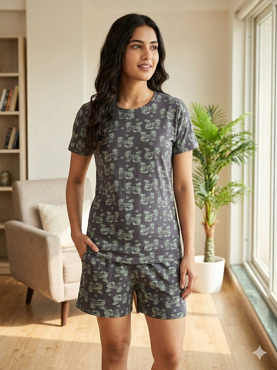 Deevaz Women Blue & White Tie-Dye Cotton Lounge Set (Free Size -Multicolour )