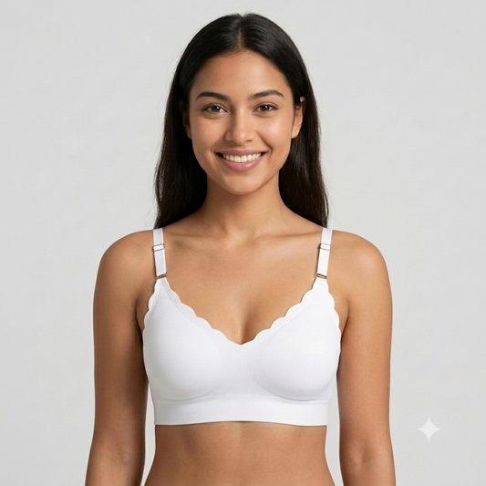 Deevaz Classic White Seamless Scalloped Bralette – Wireless Everyday T-Shirt Bra with Hook-and-Eye Back Closure
