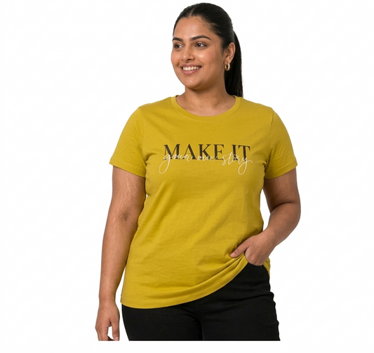 Deevaz Women’s Mustard Yellow Graphic Printed T-Shirt | Half Sleeve Round Neck Casual Top