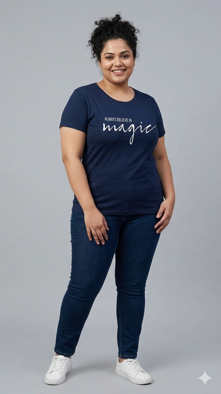 Deeva Women's Plus Size Navy Blue Graphic Tee - "Always Believe in Magic"