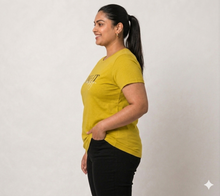Load image into Gallery viewer, Deevaz Women’s Mustard Yellow Graphic Printed T-Shirt | Half Sleeve Round Neck Casual Top