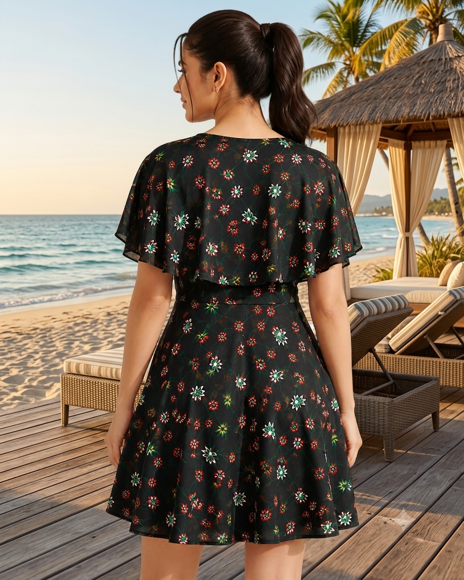 Deevaz Floral Lattice Cold-Shoulder Cape Beachwear Dress
