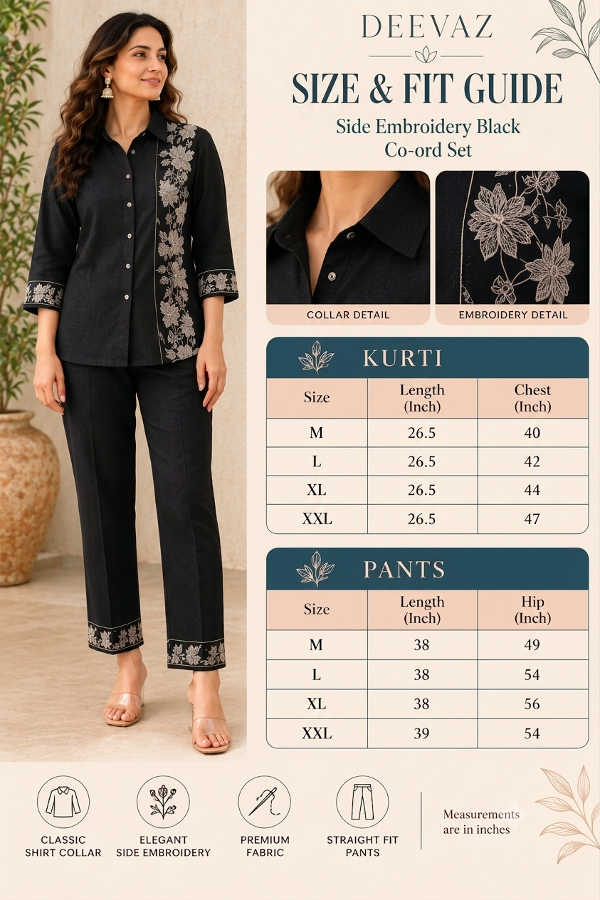 Deevaz Women's Black Embroidered Co-ord Set (Shirt & Trousers)