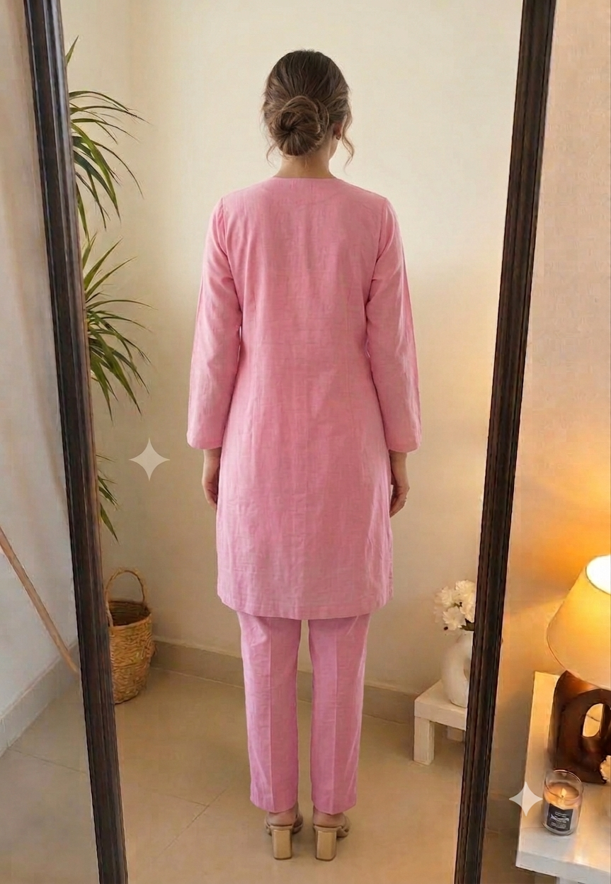 Deevaz Soft Pink Embroidered Cotton Kurta Set with Pin-Tuck
