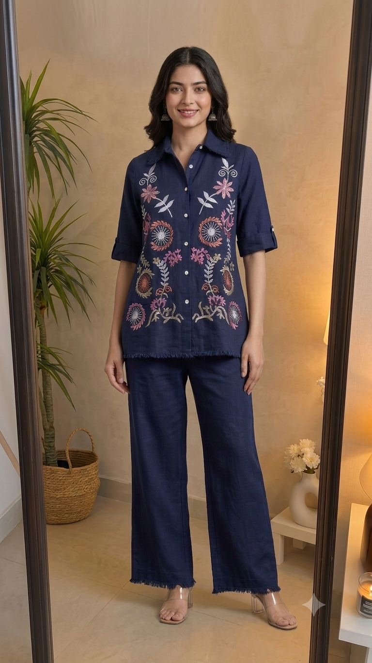 Deevaz Navy Blue Embroidered Linen Co-ord Set