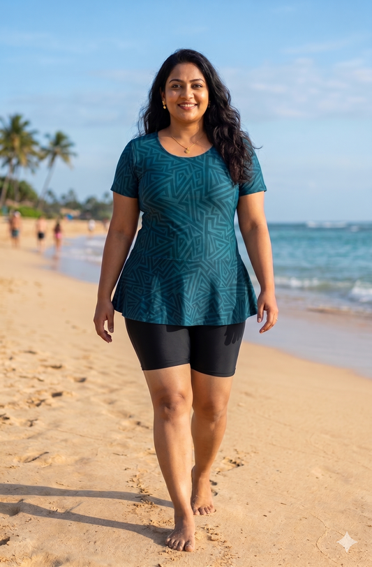 Deevaz Women's Frock Style Round Neck Short Sleeve & Knee Shorts Swimsuit In Teal & Black Color.