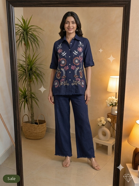 Deevaz Navy Blue Embroidered Linen Co-ord Set