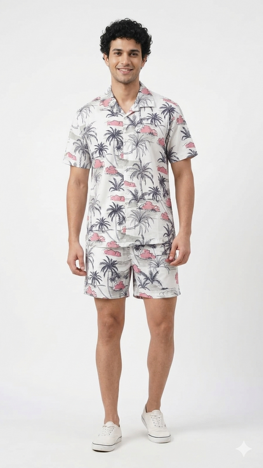 Deevaz Men's Tropical Palm Print Resort Shirt & Shorts Co-ord Set.