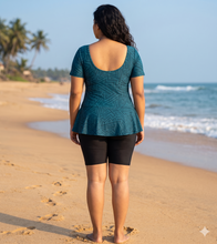 Load image into Gallery viewer, Deevaz Women's Frock Style Round Neck Short Sleeve &amp; Knee Shorts Swimsuit In Teal &amp; Black Color.