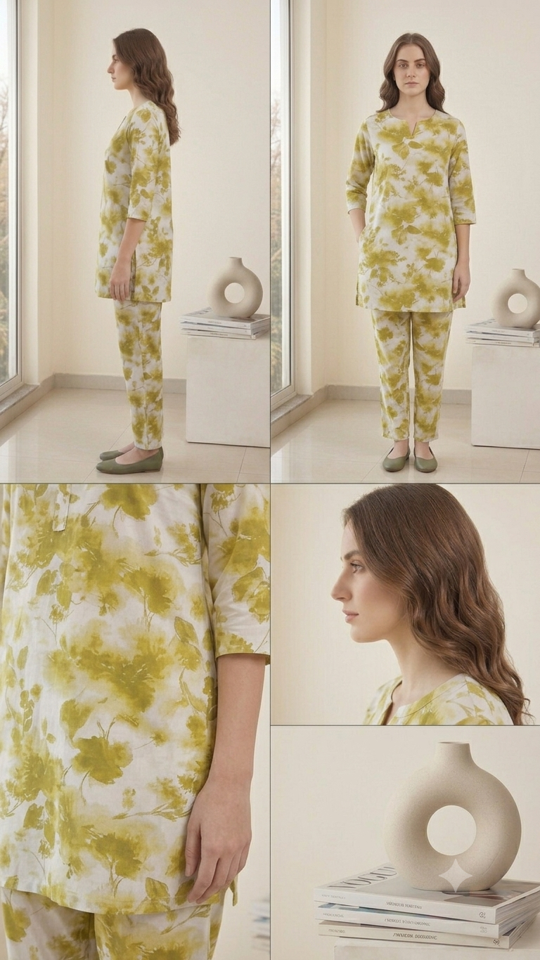 Deevaz Elegant Olive Green Floral Lounge & Co-ord Set