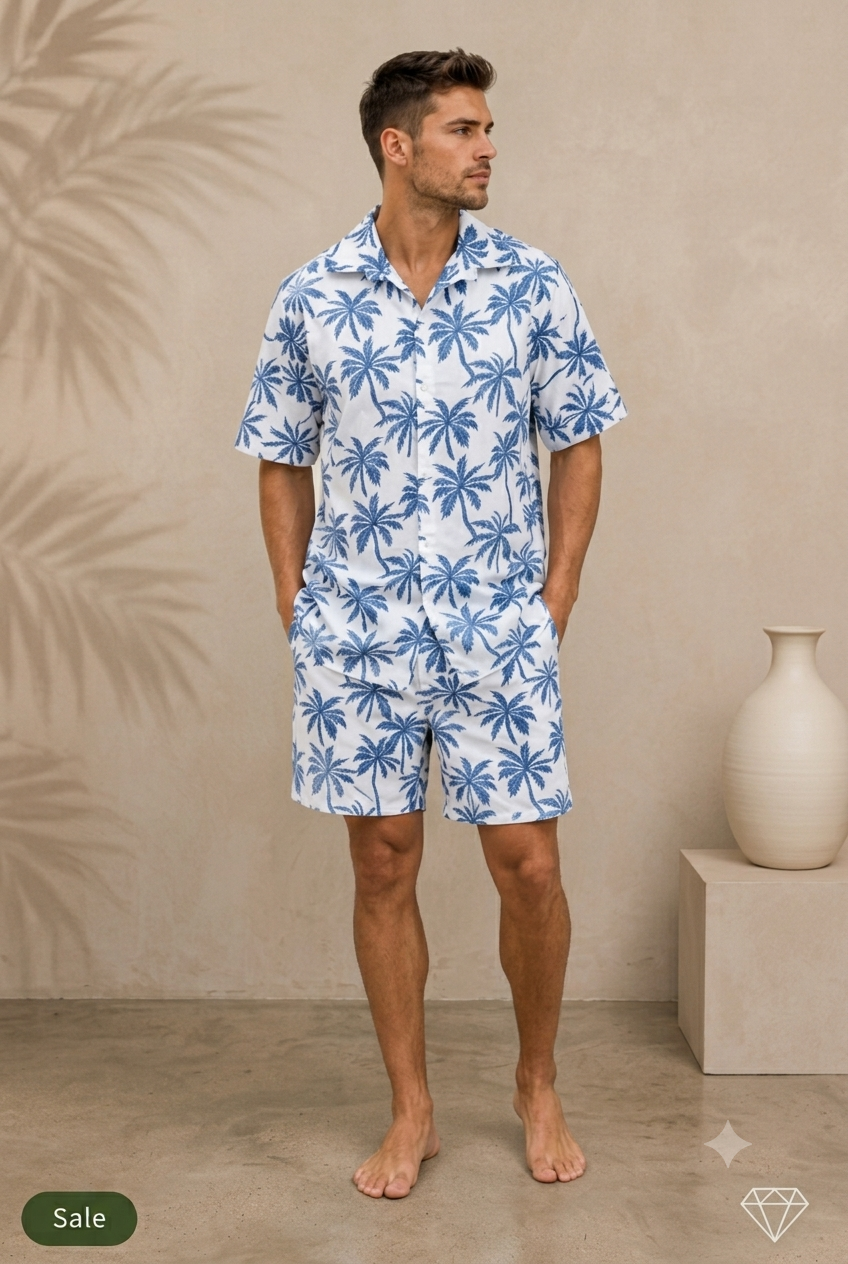 Deevaz  Men's White & Blue Palm Tree Print Resort Shirt & Shorts Co-ord Set