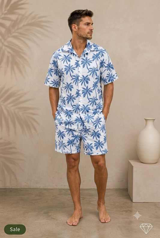 Deevaz  Men's White & Blue Palm Tree Print Resort Shirt & Shorts Co-ord Set