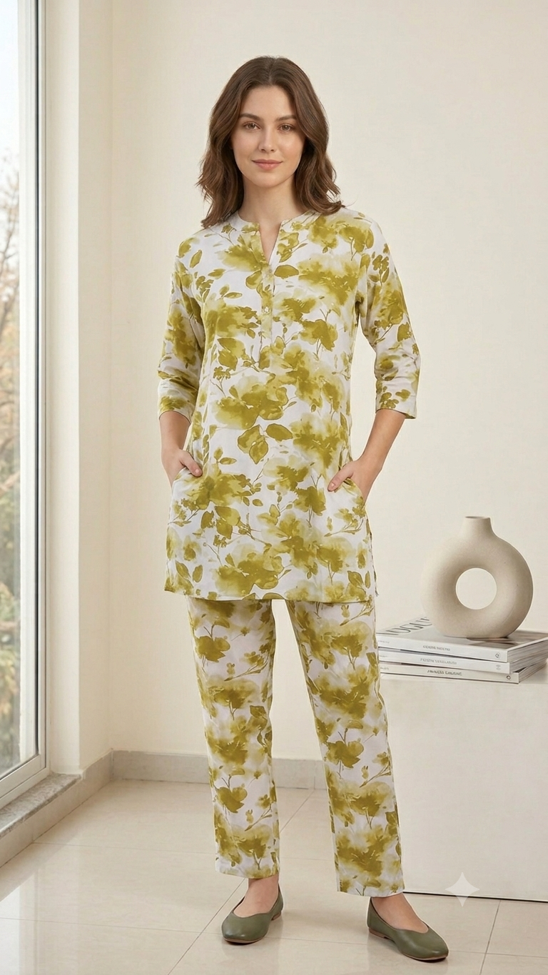 Deevaz Elegant Olive Green Floral Lounge & Co-ord Set