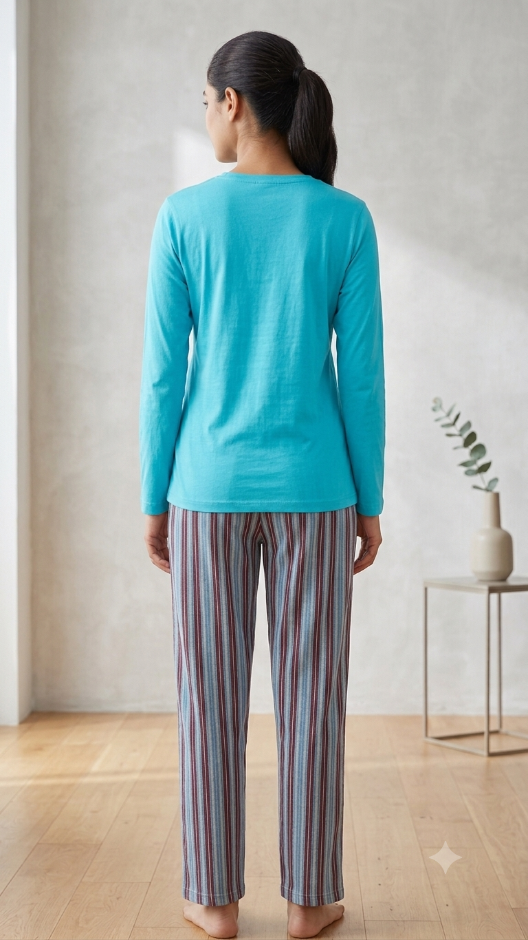 Deevaz Women's Turquoise Blue Printed Long Sleeve T-Shirt & Striped Pyjama Set