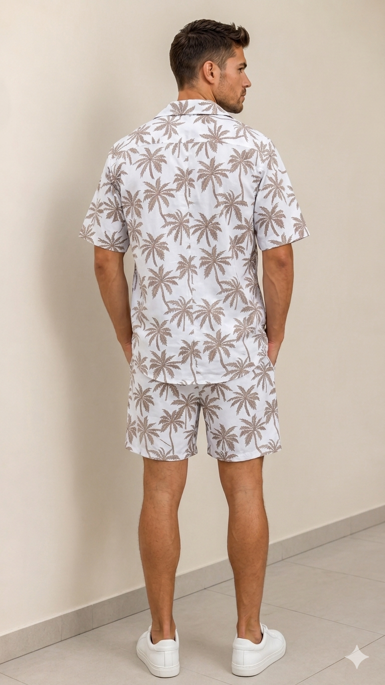 Deevaz Men's White & Light Brown Palm Tree Resort Shirt & Shorts Co-ord Set.