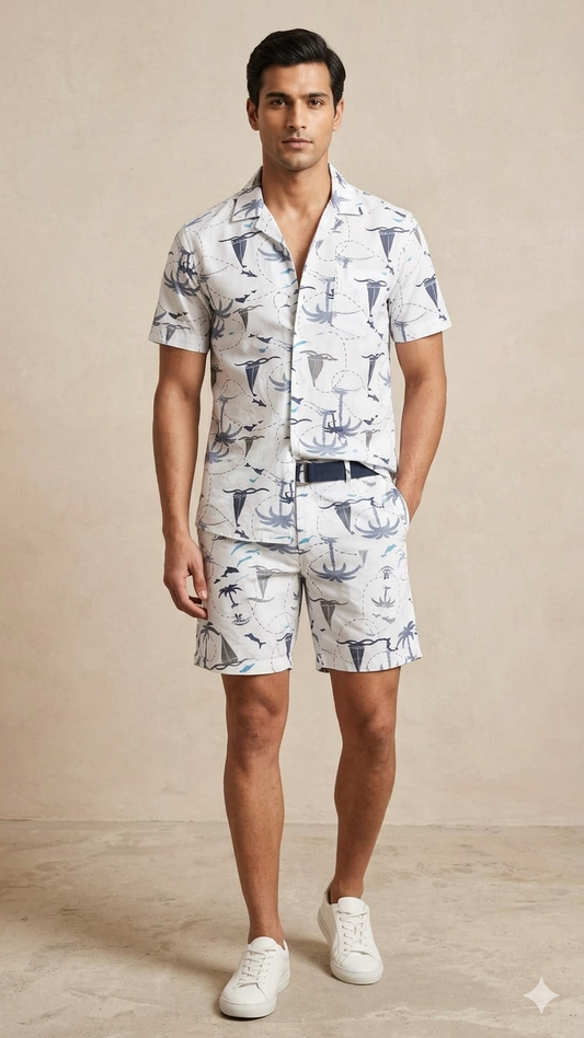 Deevaz Men's Maritime Map Printed Resort Shirt & Shorts Set.
