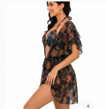 Load image into Gallery viewer, Deevaz Boho Floral Chiffon 3-Piece Swimsuit Set – Underwire Bikini with Ruffled Sheer Beach Cover-Up Dress.