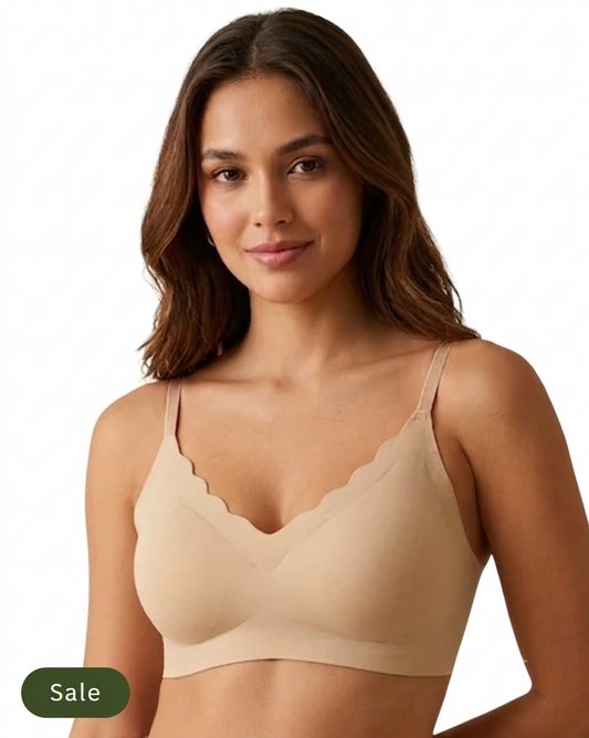 Deevaz Deevaz Classic Beige  Seamless Scalloped Bralette – Wireless Everyday T-Shirt Bra with Hook-and-Eye Back Closure
