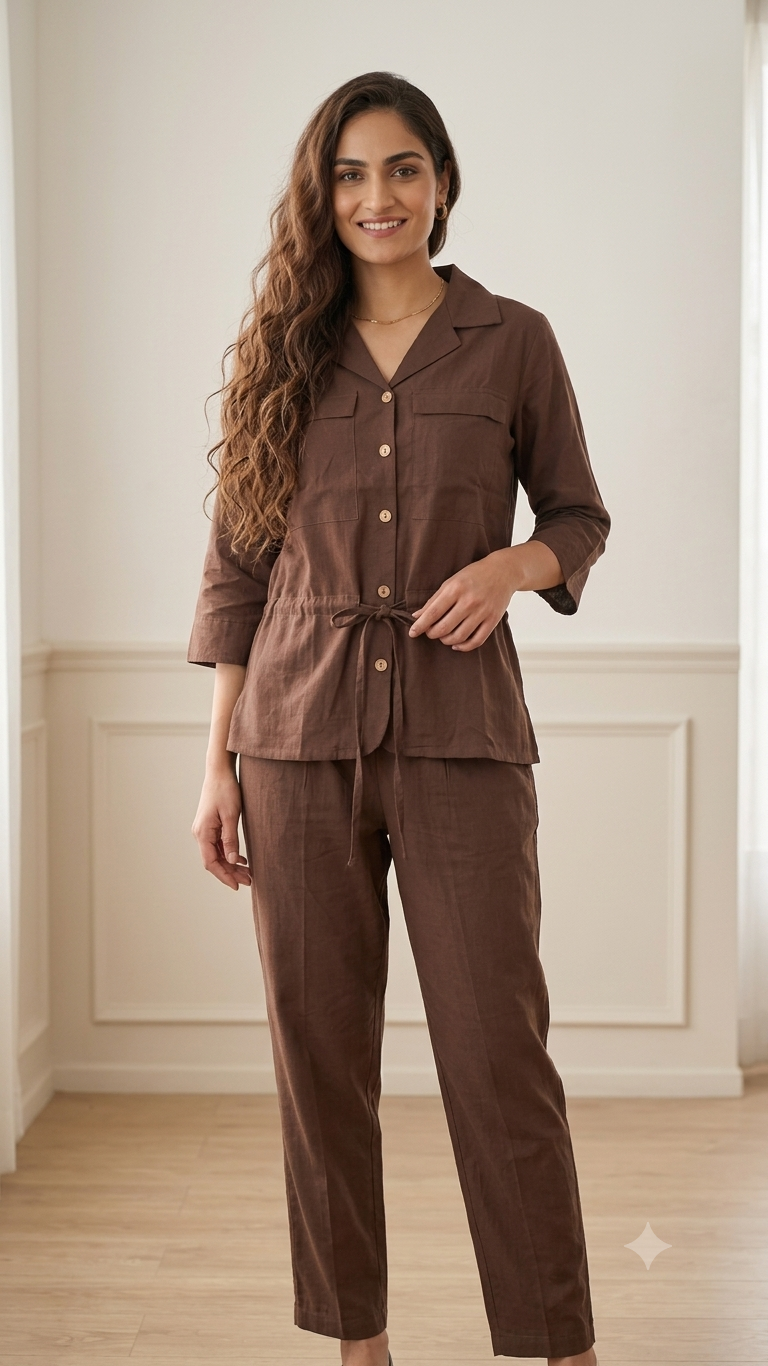 Deevaz Chocolate Brown Cotton Linen Shirt & Trouser Co-ord Set