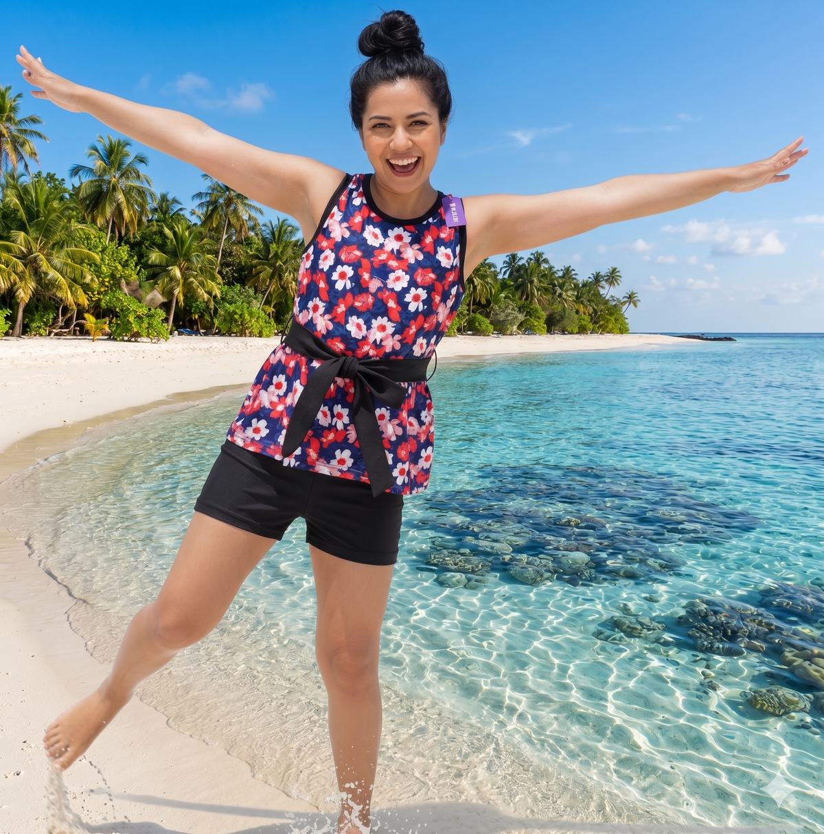 Women Floral Printed Beach Swimwear Set with Shorts.