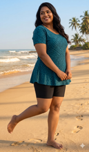 Load image into Gallery viewer, Deevaz Women's Frock Style Round Neck Short Sleeve &amp; Knee Shorts Swimsuit In Teal &amp; Black Color.