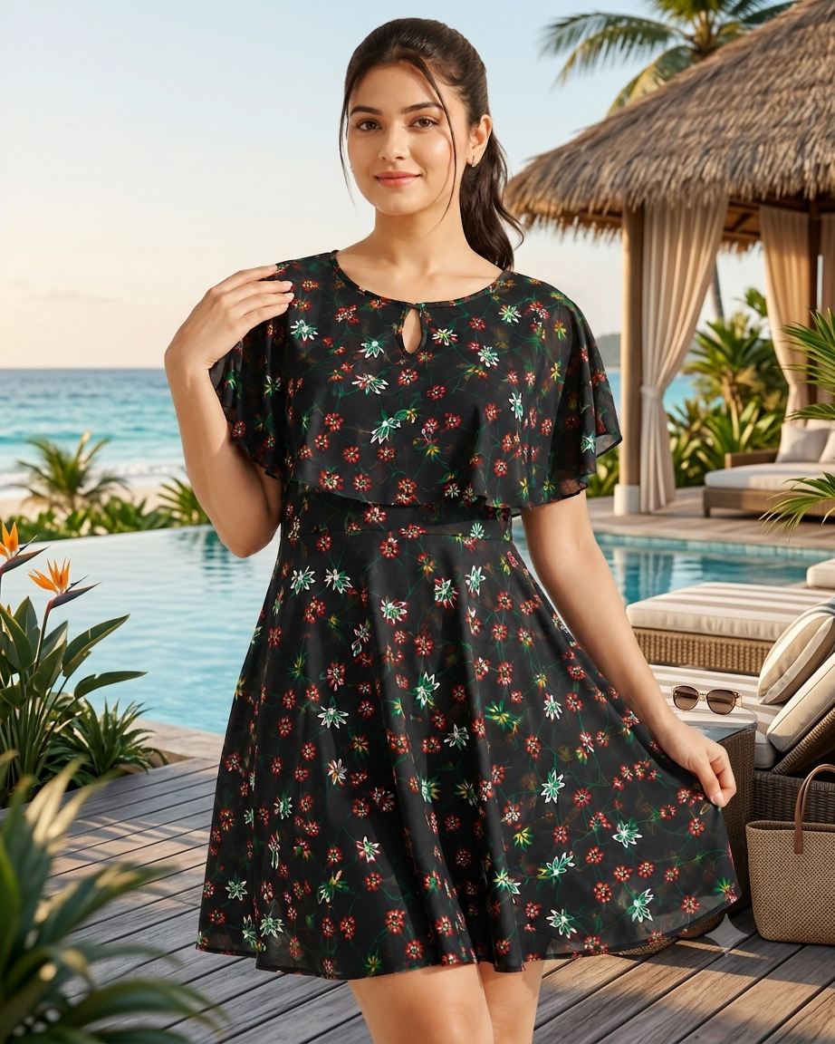 Deevaz Floral Lattice Cold-Shoulder Cape Beachwear Dress
