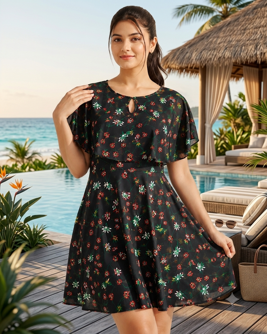 Deevaz Floral Lattice Cold-Shoulder Cape Beachwear Dress