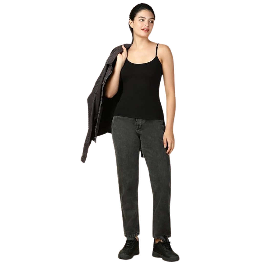 Deevaz Camisole for Women with Adjustable Spaghetti Straps | Lightweight Cotton Tank Top Casual Outfits & Sleepwear | Soft Breathable Cotton Fabric Black Color.