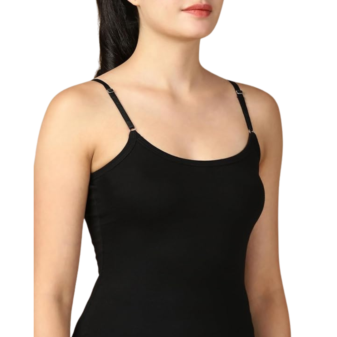 Deevaz Camisole for Women with Adjustable Spaghetti Straps | Lightweight Cotton Tank Top Casual Outfits & Sleepwear | Soft Breathable Cotton Fabric Black Color.