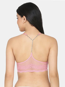 Deevaz Women Seamless Lace V-Neck Padded Bralette Spaghetti With Racer Chain Back Free Size (28 Till 34), Baby Pink