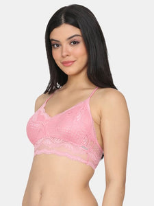 Deevaz Women Seamless Lace V-Neck Padded Bralette Spaghetti With Racer Chain Back Free Size (28 Till 34), Baby Pink