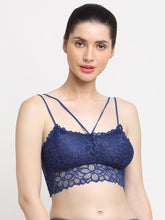 Load image into Gallery viewer, Deevaz Padded non-wired Floral Lace Crop Bralette in Royal Blue Colour with Cross strap detailing.