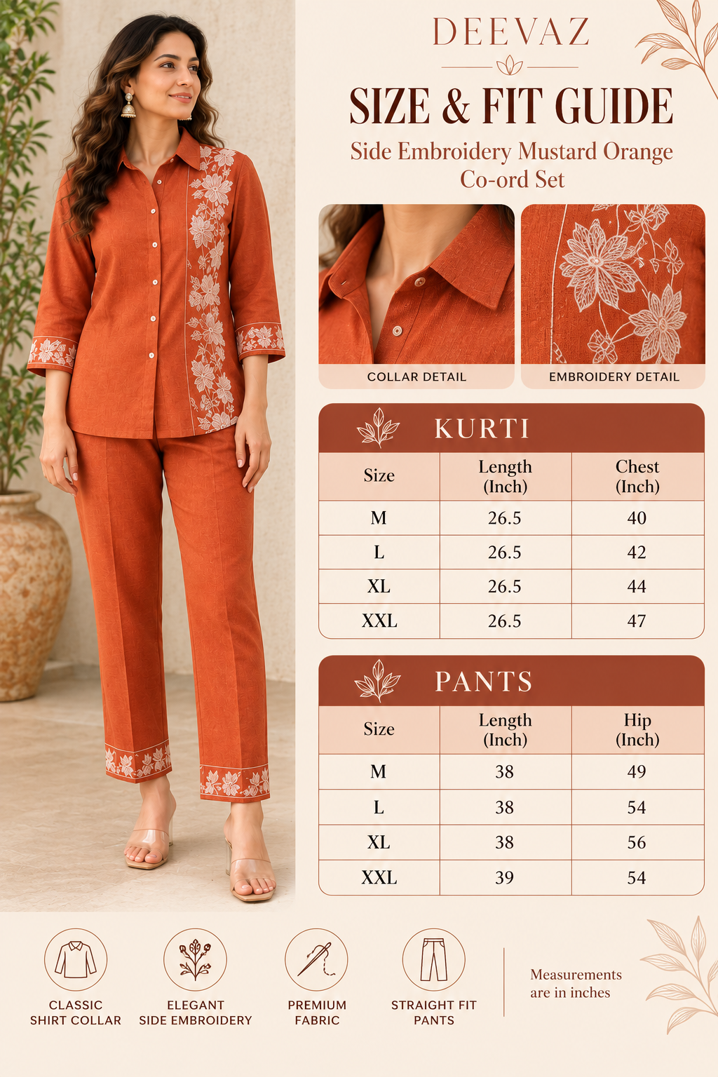 Deevaz Women's Rust Orange Embroidered Co-ord Set (Shirt & Trousers)