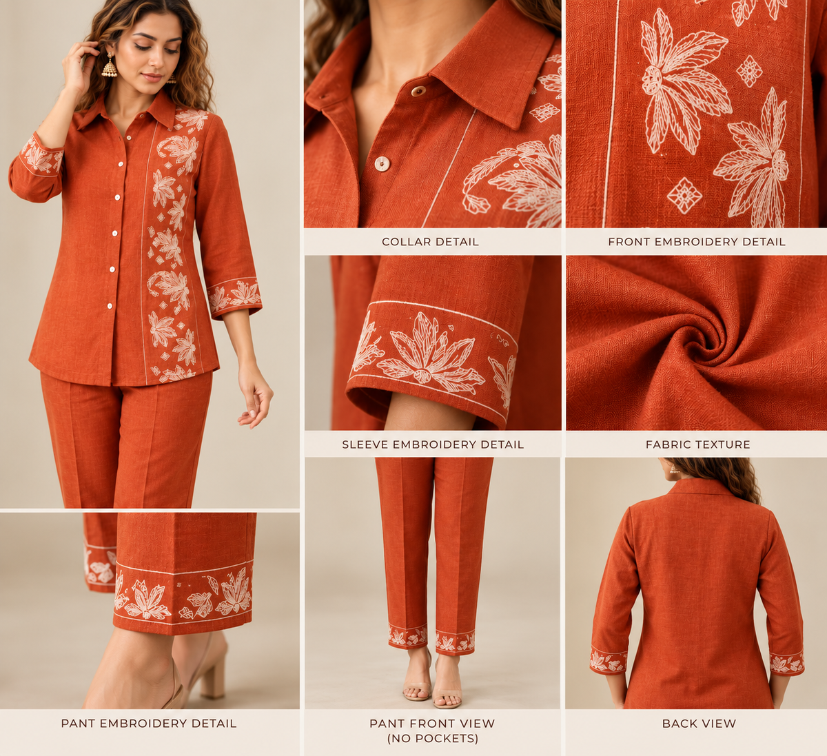 Deevaz Women's Rust Orange Embroidered Co-ord Set (Shirt & Trousers)
