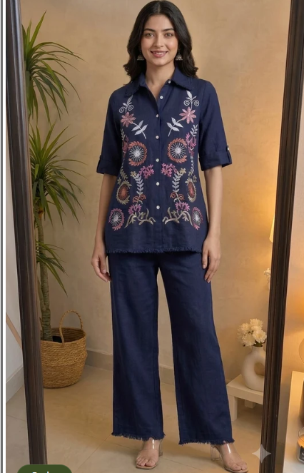 Deevaz Navy Blue Embroidered Linen Co-ord Set