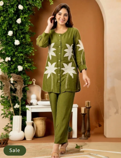 Deevaz Women's Olive Green Hand-Embroidered Cotton Co-Ord Set Pack of 1