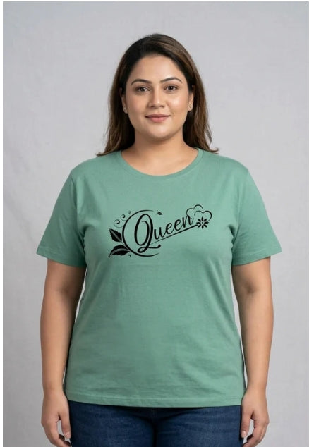 Deevaz Women's Plus Size "Queen" Floral Typography Tee – Sage Green.